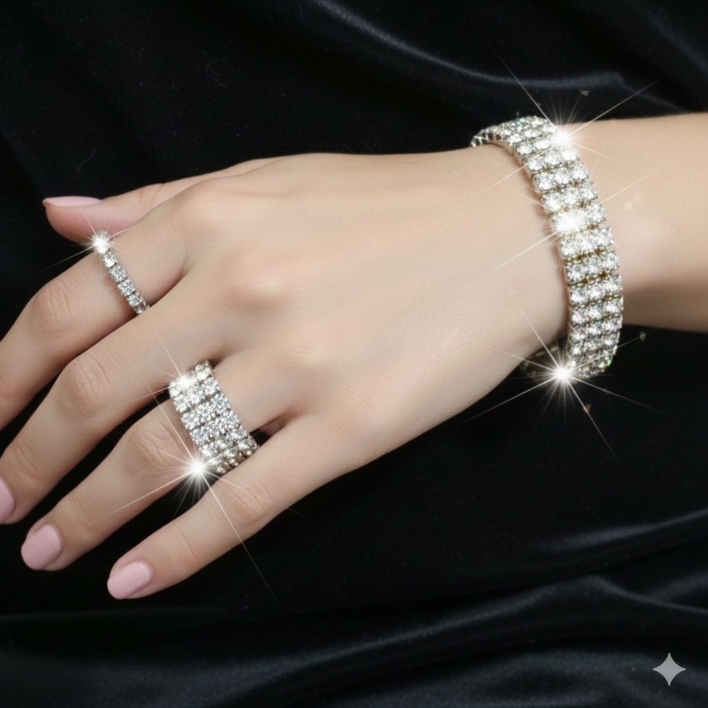 Vintage Rhinestone Stretch Bracelet with Two Matching Rings - Picture 5 of 5